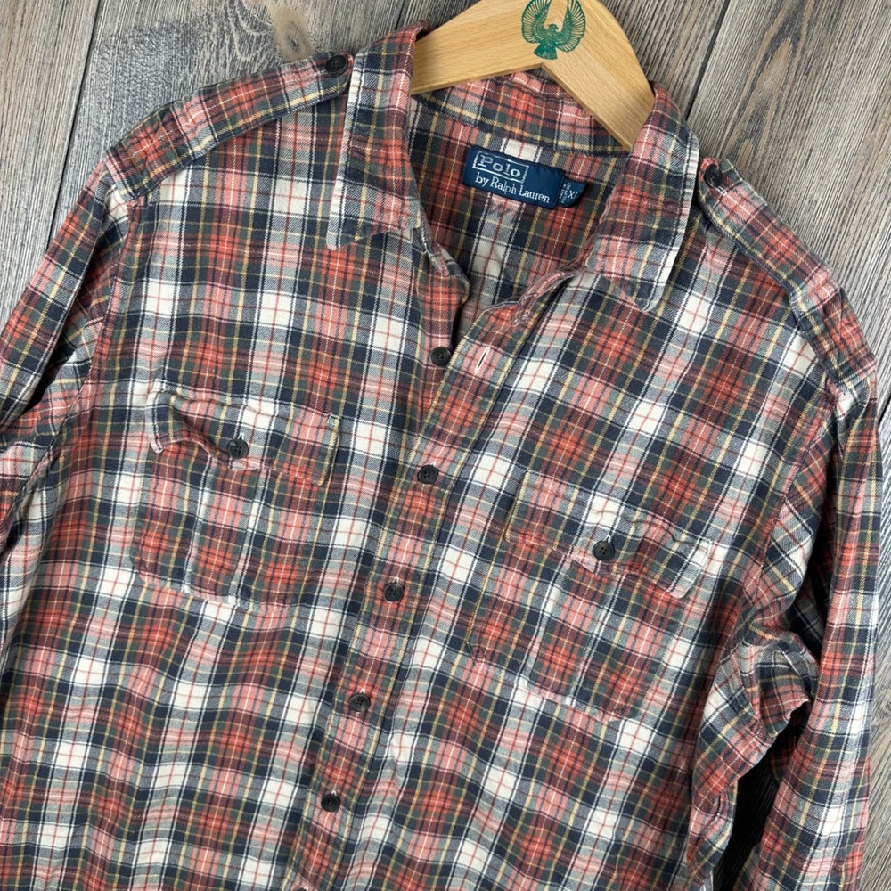 Polo Ralph Lauren Plaid Flannel Shirt Orange Blue Epaulets Cotton Mens XL